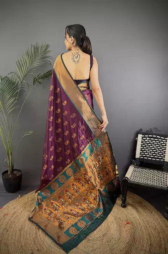 Wine soft silk nath meenakari zari work paithani saree