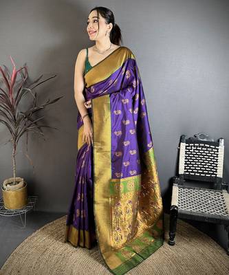 Purple soft silk nath meenakari zari work paithani saree 1