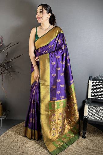 Purple soft silk nath meenakari zari work paithani saree