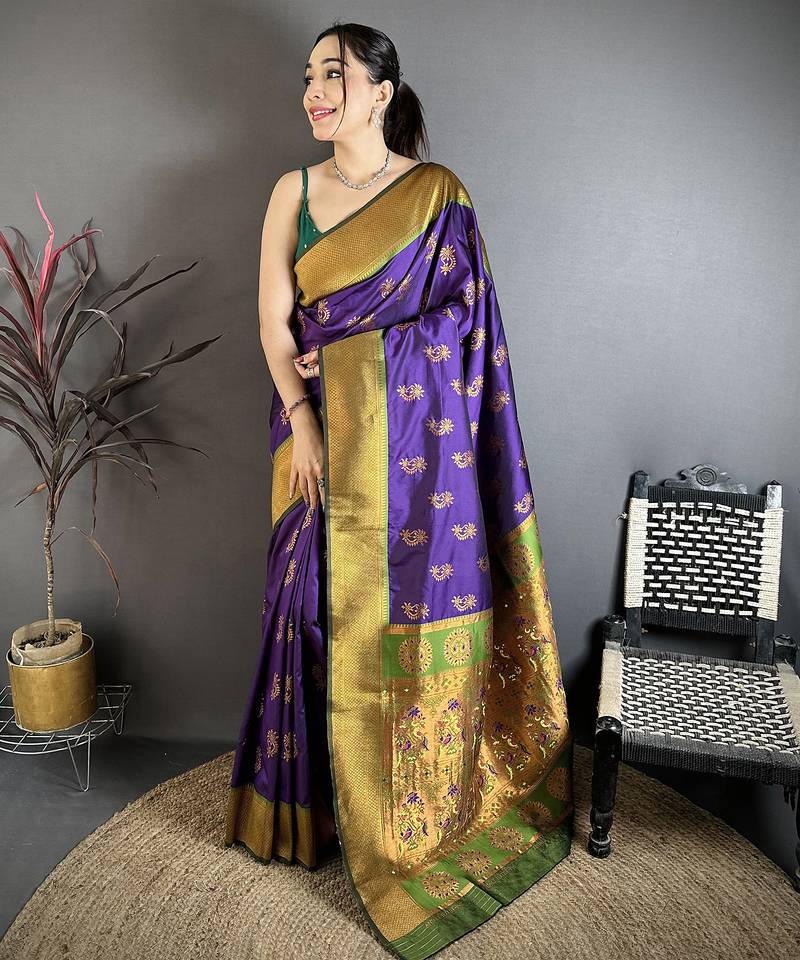Purple soft silk nath meenakari zari work paithani saree