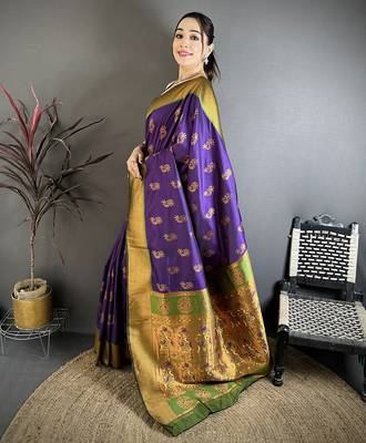 Purple soft silk nath meenakari zari work paithani saree 2