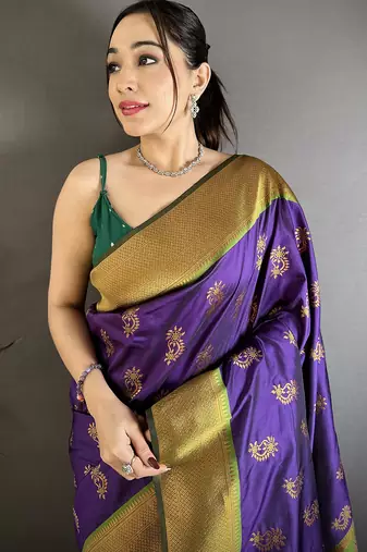 Purple soft silk nath meenakari zari work paithani saree