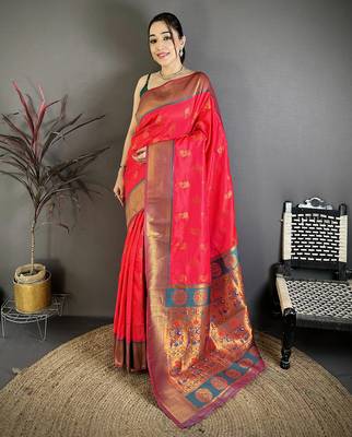 Rani pink soft silk nath meenakari zari work paithani saree 1