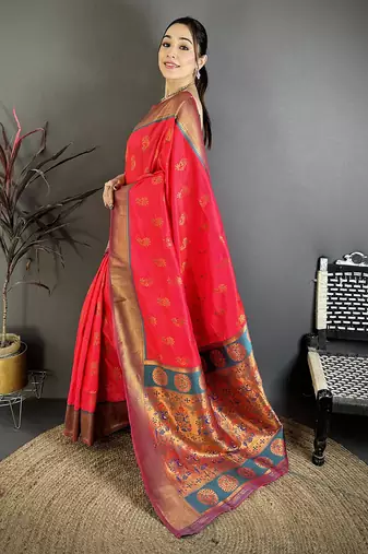 Rani pink soft silk nath meenakari zari work paithani saree