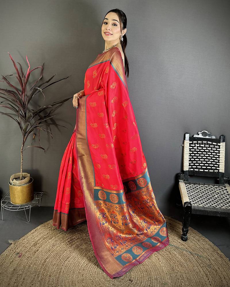 Rani pink soft silk nath meenakari zari work paithani saree