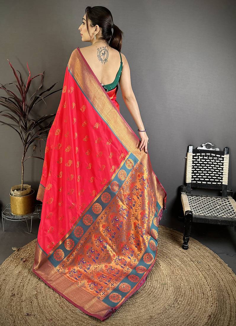 Rani pink soft silk nath meenakari zari work paithani saree