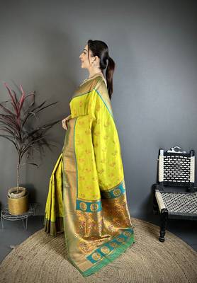 Lime green soft silk nath meenakari zari work paithani saree 2
