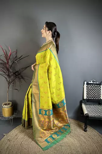 Lime green soft silk nath meenakari zari work paithani saree