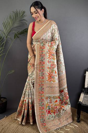 Off-white pashmina silk meenakari weaving madhubani design kashmiri saree