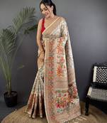 Off-white pashmina silk meenakari weaving madhubani design kashmiri saree