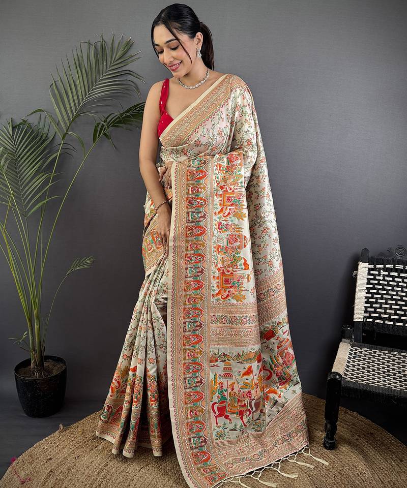 Off-white pashmina silk meenakari weaving madhubani design kashmiri saree