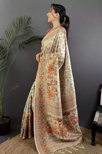 Off-white pashmina silk meenakari weaving madhubani design kashmiri saree