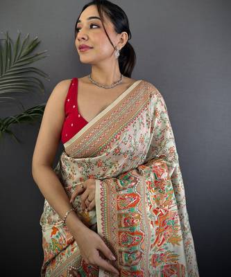 Off-white pashmina silk meenakari weaving madhubani design kashmiri saree 3