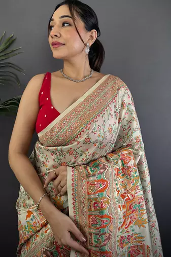 Off-white pashmina silk meenakari weaving madhubani design kashmiri saree