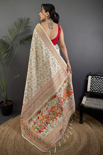Off-white pashmina silk meenakari weaving madhubani design kashmiri saree