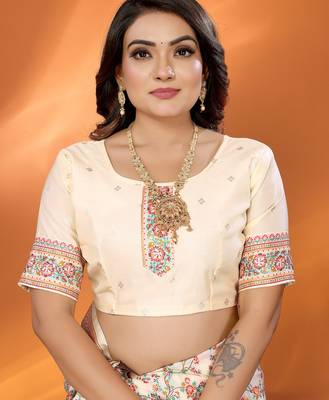 Off-white pashmina silk meenakari weaving madhubani design kashmiri saree 5
