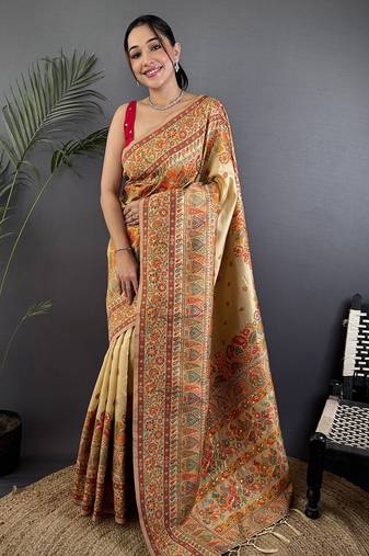 Beige pashmina silk meenakari weaving madhubani design kashmiri saree