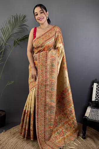 Beige pashmina silk meenakari weaving madhubani design kashmiri saree