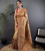 Beige pashmina silk meenakari weaving madhubani design kashmiri saree