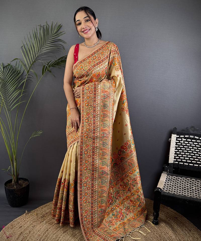 Beige pashmina silk meenakari weaving madhubani design kashmiri saree