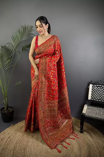 Red  pashmina silk meenakari weaving madhubani design kashmiri saree