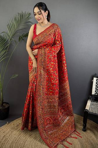 Red  pashmina silk meenakari weaving madhubani design kashmiri saree
