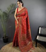Red  pashmina silk meenakari weaving madhubani design kashmiri saree
