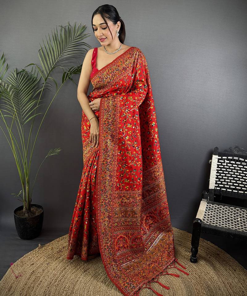 Red  pashmina silk meenakari weaving madhubani design kashmiri saree