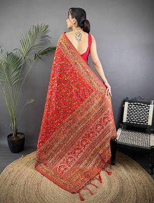 Red   pashmina silk meenakari weaving madhubani design kashmiri saree 4