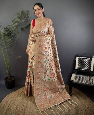 Cream pashmina silk meenakari weaving madhubani design kashmiri saree 1