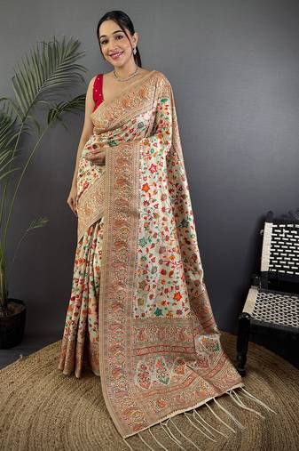 Cream pashmina silk meenakari weaving madhubani design kashmiri saree
