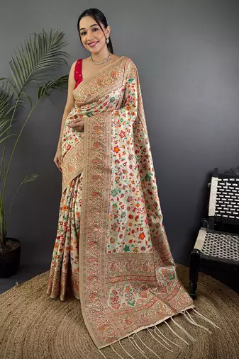 Cream pashmina silk meenakari weaving madhubani design kashmiri saree