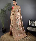 Cream pashmina silk meenakari weaving madhubani design kashmiri saree