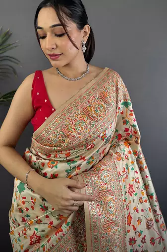 Cream pashmina silk meenakari weaving madhubani design kashmiri saree