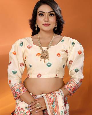 Cream pashmina silk meenakari weaving madhubani design kashmiri saree 5