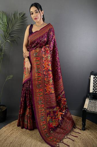 Wine pashmina silk meenakari weaving madhubani design kashmiri saree