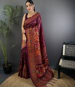 Wine pashmina silk meenakari weaving madhubani design kashmiri saree
