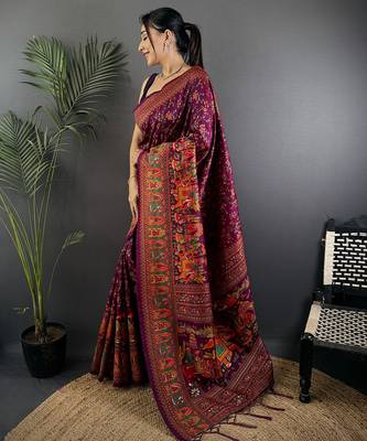 Wine pashmina silk meenakari weaving madhubani design kashmiri saree 2