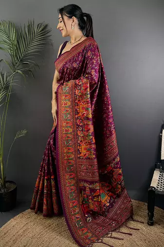 Wine pashmina silk meenakari weaving madhubani design kashmiri saree