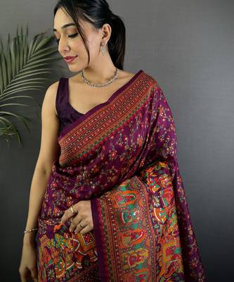 Wine pashmina silk meenakari weaving madhubani design kashmiri saree 3