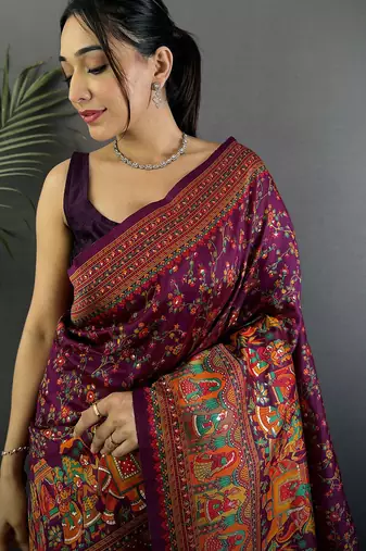 Wine pashmina silk meenakari weaving madhubani design kashmiri saree