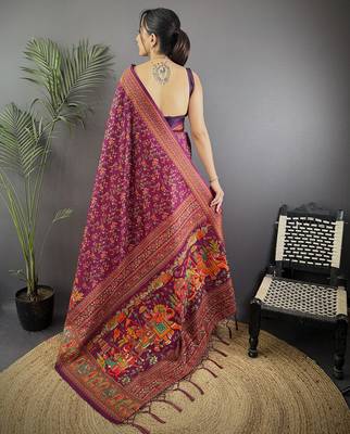 Wine pashmina silk meenakari weaving madhubani design kashmiri saree 4