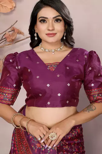 Wine pashmina silk meenakari weaving madhubani design kashmiri saree