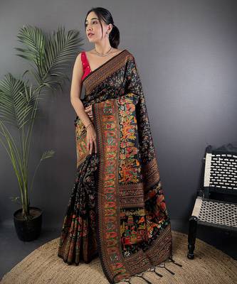 Black pashmina silk meenakari weaving madhubani design kashmiri saree 1