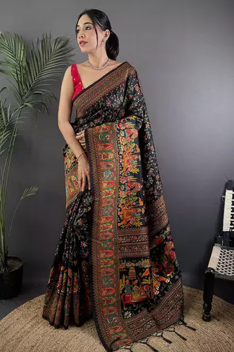 Black pashmina silk meenakari weaving madhubani design kashmiri saree
