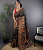 Black pashmina silk meenakari weaving madhubani design kashmiri saree