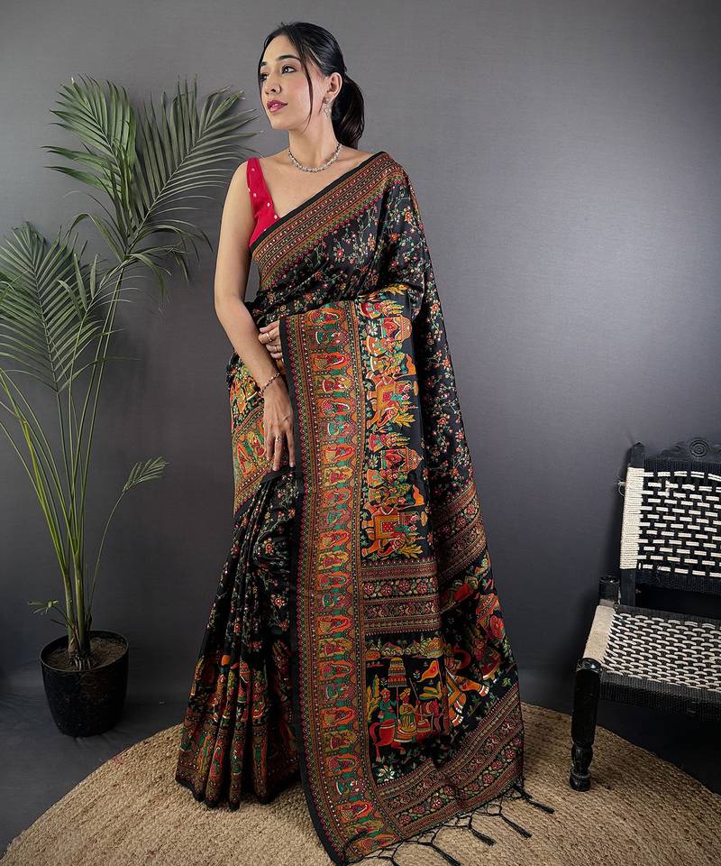 Black pashmina silk meenakari weaving madhubani design kashmiri saree