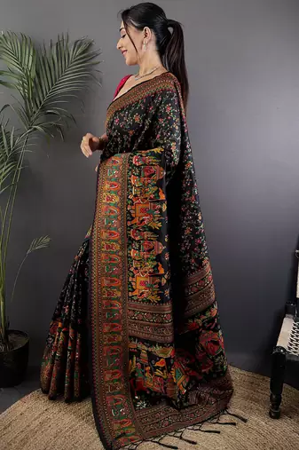 Black pashmina silk meenakari weaving madhubani design kashmiri saree