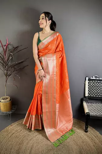 Orange banarasi silk intricate zari weaving kanjivaram sarees