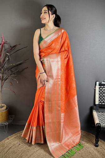 Orange banarasi silk intricate zari weaving kanjivaram sarees